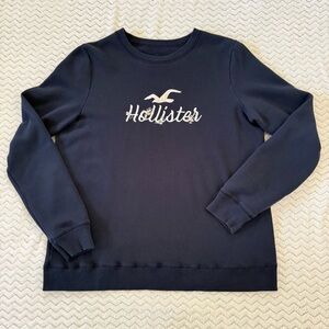 Hollister Sz L Large Embroidered Flower & Logo Crew Sweatshirt, Dark Blue/Navy
